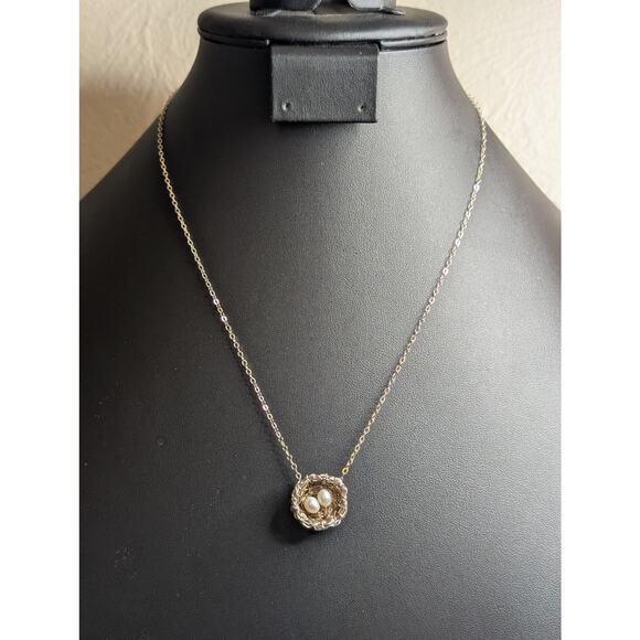 Precious Meshes 925 Sterling Hand Crocheted Wire Pearl Bird Nest Necklace - Picture 1 of 8